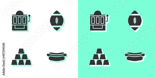 Set Hotdog sandwich, Slot machine, Gold bars and American Football ball icon. Vector.
