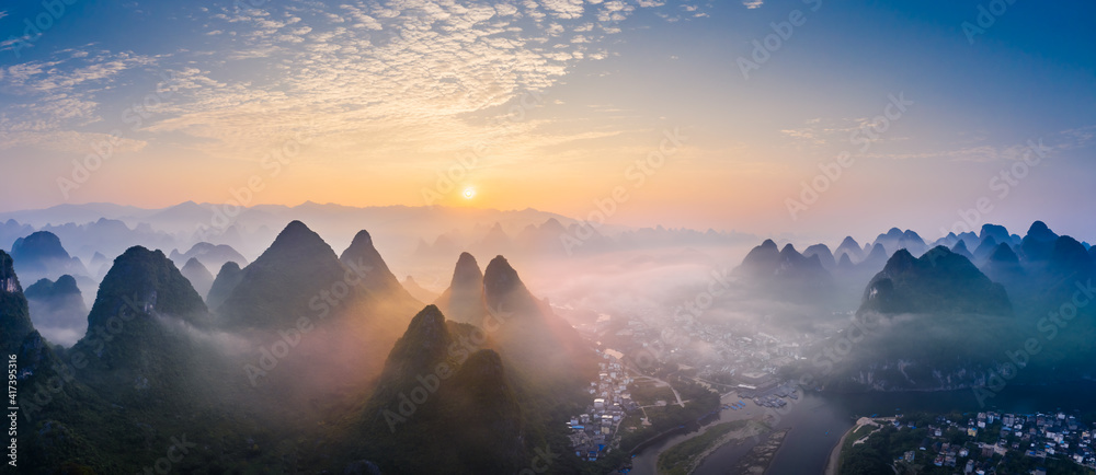 Guilin,Guangxi,China karst mountains on the Li River.Aerial view. - obrazy, fototapety, plakaty 
