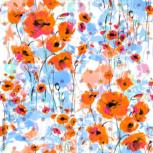 Fototapeta Naklejka Na Ścianę i Meble -   Abstract floral seamless pattern painted by brush field poppies