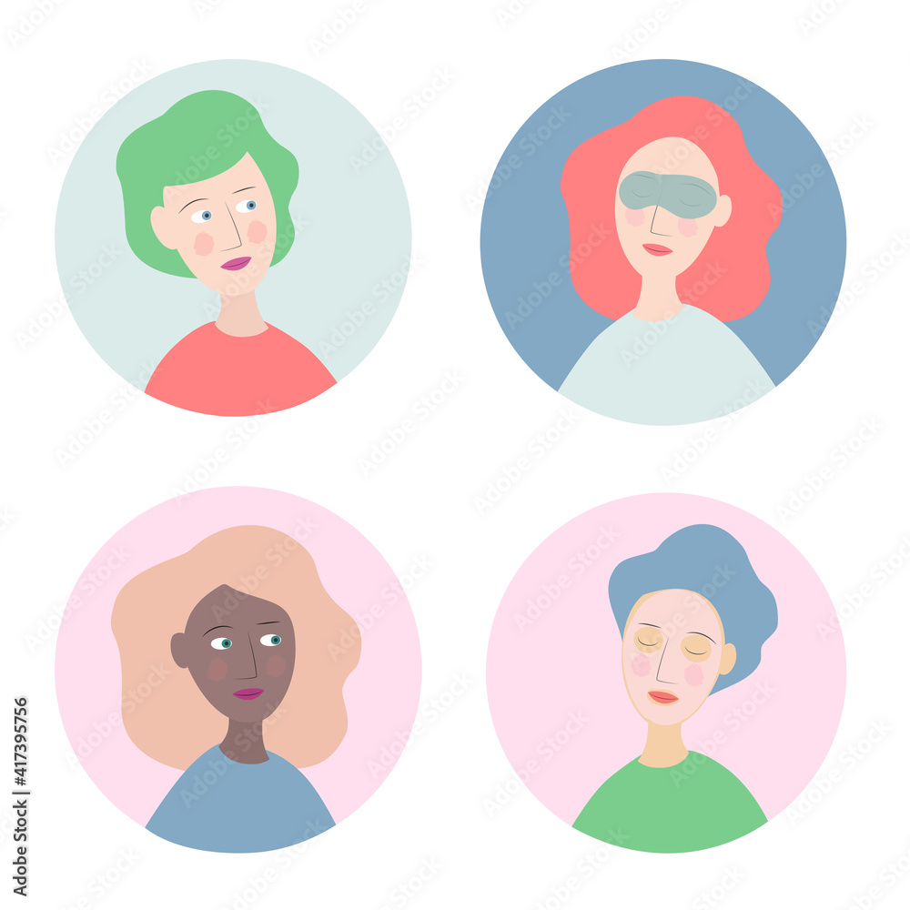 Set of flat design skincare wellness self care beauty routine icon. Salon procedure beauty regimen. Young female women avatar icons. Graphic design illustration. Woman girl wearing face mask eye mask Set of flat design skincare wellness self care beauty routine icon. Salon procedure beauty regimen. Young female women avatar icons. Graphic design illustration. Woman girl wearing face mask eye mask