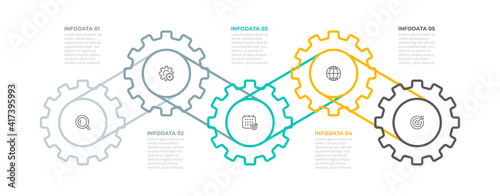 Business infographic template. Creative design with icon and cog elements. Timeline process with 5 options, steps, parts. Vector illustration. photo