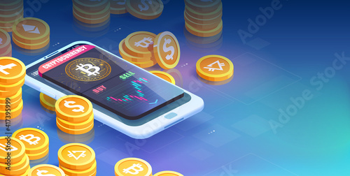 Vector of a smartphone with bitcoin chart on screen and buy sell buttons among piles of dollar and bit coins.