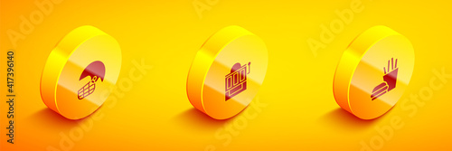 Set Isometric American football helmet, Slot machine and Burger and french fries icon. Vector.