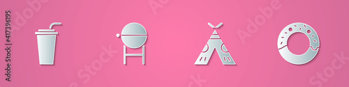 Set paper cut Paper glass with straw, Barbecue grill, Indian teepee or wigwam and Donut icon. Paper art style. Vector.