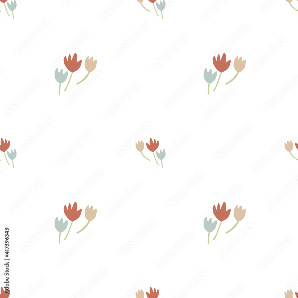 Cute minimalist seamless vector pattern with hand drawn nice flowers. Infantile Style nursery art perfect for fabric, textile.