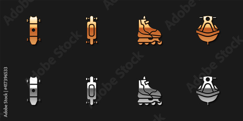 Set Longboard or skateboard, , Roller and Jet ski icon. Vector.