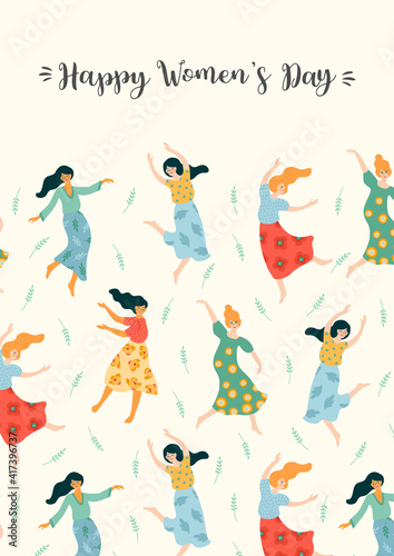 Vector illustration of cute dancing women. International Women s Day concept for card  poster  banner and other