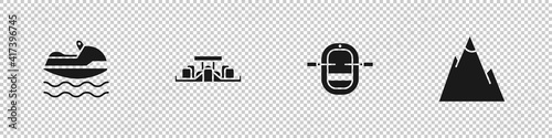 Set Jet ski, Formula 1 racing car, Rafting boat and Mountains icon. Vector.