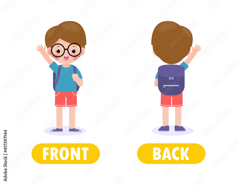 Words FRONT and BACK with cartoon characters cute kids backpack, back