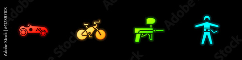 Set Vintage sport racing car, Bicycle, Paintball gun and Bungee jumping icon. Vector.