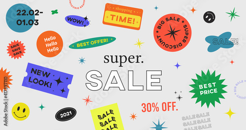 Special Offer Super Sale Banner Vector Design. Hipster background with promo label stickers.