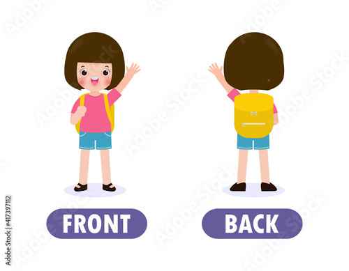Words FRONT and BACK with cartoon characters cute kids backpack, back to school, opposite word antonym for children Flat vector illustration isolated on white background