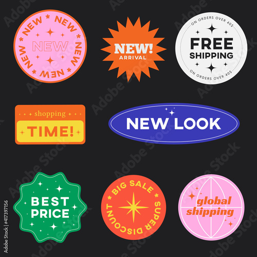 Set of Retro Shopping stickers. Cute Sale label badges. Trendy Free Shipping, New Look, Big Sale, Best Price Banners Pack Vector design.