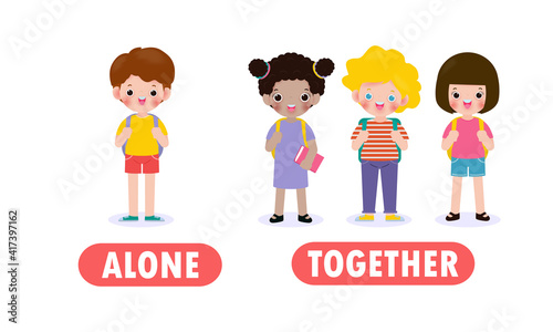Opposite alone and together, Words antonym for children with cartoon characters cute kids backpack, back to school,  Flat vector illustration isolated on white background