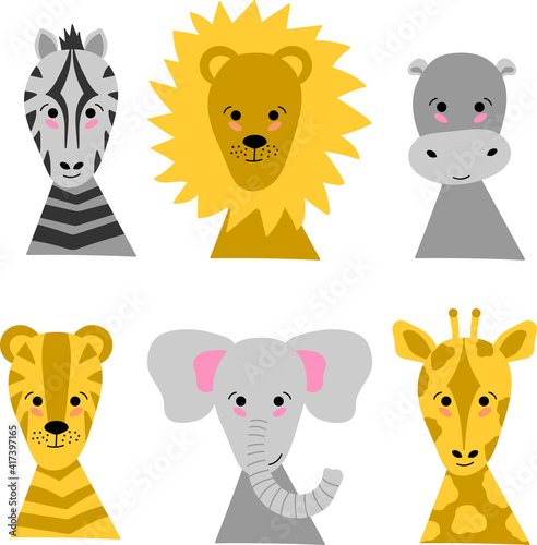 animal; cute; vector; cartoon; face; character; baby; illustration; child; lion; tiger; set; print; elephant; simple; graphic; design; wild; kid; drawing; card; poster; giraffe; jungle; art; funny; fu