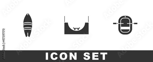 Set Surfboard, Skate park and Rafting boat icon. Vector.