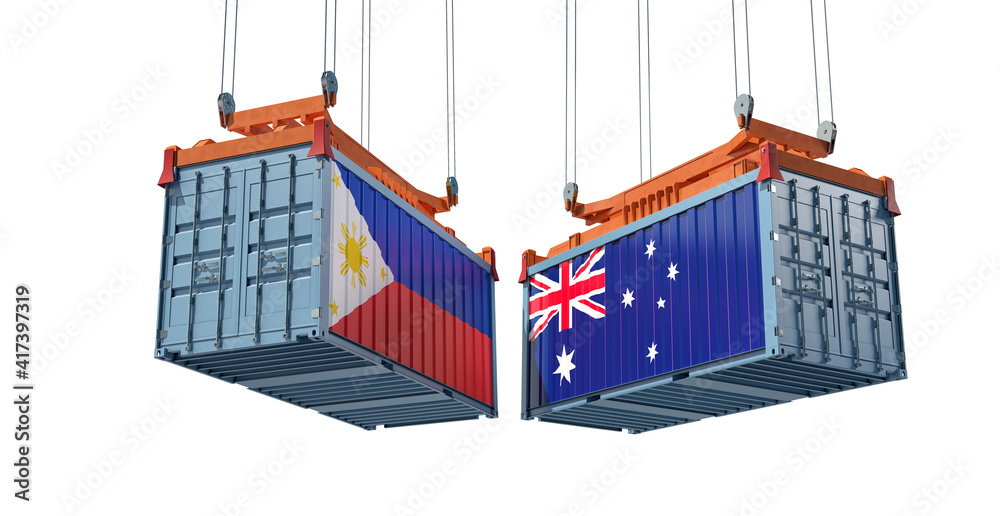 Freight containers with Australia and Philippine flag. 3D Rendering Freight containers with Australia and Philippine flag. 3D Rendering