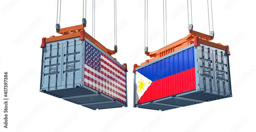 Freight containers with USA and Philippine flag. 3D Rendering 