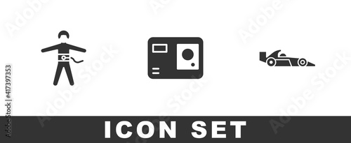 Set Bungee jumping, Action extreme camera and Formula 1 racing car icon. Vector.