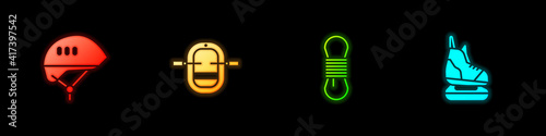 Set Bicycle helmet, Rafting boat, Climber rope and Skates icon. Vector.