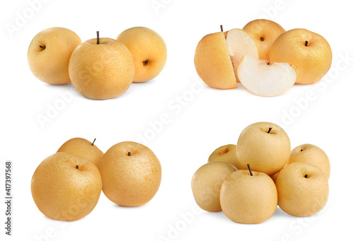 Set with fresh ripe apple pears on white background