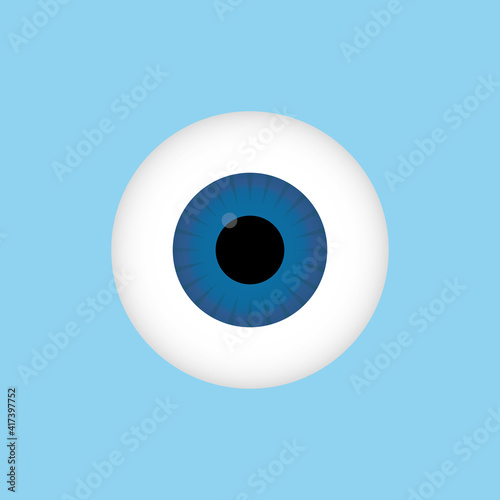 Human 3d blue eye. Eye iris on blue background. Realistic pupil eyeball. Vector illustration