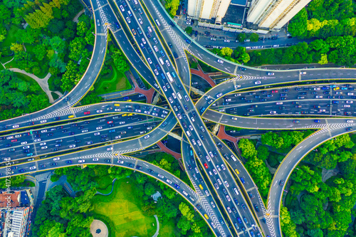 Photography Aerial view of buildings and highway interchange in Shanghai,China