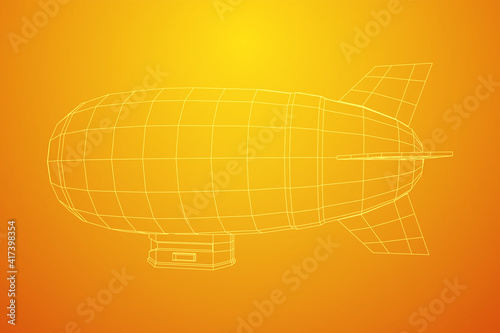 Airship dirigible airway travel transport. Air ship with gondola cabin. Wireframe low poly mesh vector illustration.