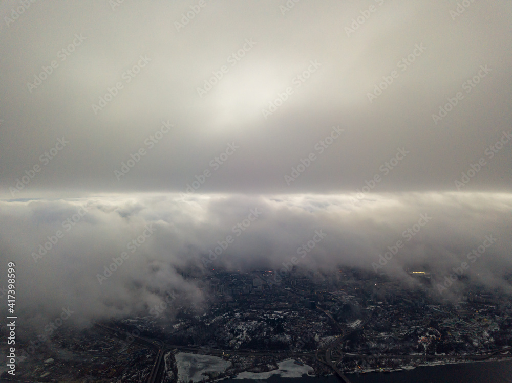 High view of Kiev through the clouds. Aerial view.