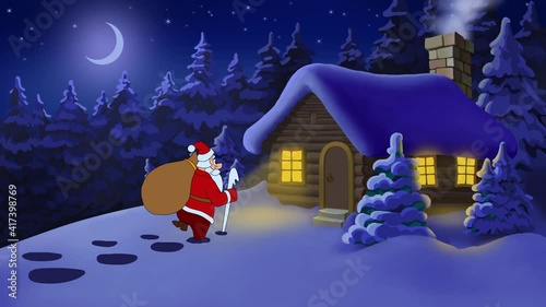 Christmas animated card Santa Claus at the house in forest. Part 3. Santa walks to the house in the forest through the snow