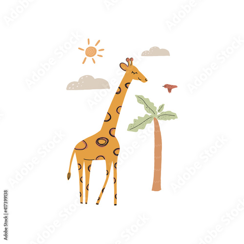 Cute baby poster for children with adorable giraffe in cartoon style, palm tree, sun, clouds and bird. Hand drawn vector illustration.