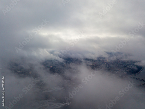 High view of Kiev through the clouds. Aerial view.