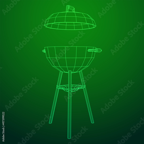 Round barbecue grill. Outdoor bbq party. Wireframe low poly mesh vector illustration
