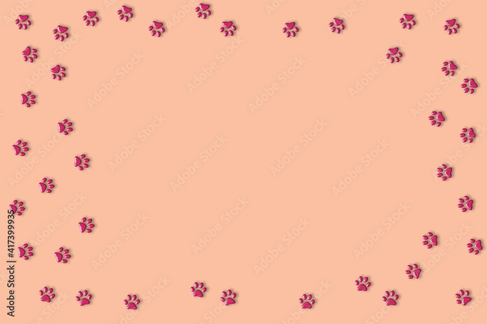 Pink background or frame with paws. Animal care concept with copy  space.
