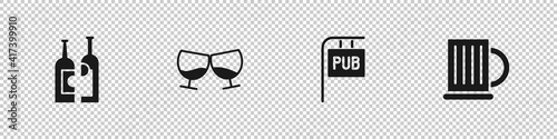 Set Bottles of wine, Glass cognac or brandy, Street signboard with Pub and Wooden beer mug icon. Vector.