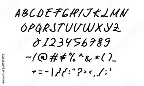 hand writing font in vector design graphic. uppercase and bold alphabet, numeric, and symbols letter illustration for book, note, magazine, poster, etc. modern handwritten typography.