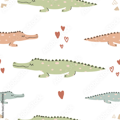 Cute funny seamless vector pattern with crocodiles and hearts elements. Infantile style nursery art with colorful alligators ideal for fabric, textile. Hand drawn modern illustration in Boho colors.