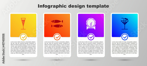 Set Glass of champagne, Dried fish, Wooden barrel on rack and Cocktail. Business infographic template. Vector.