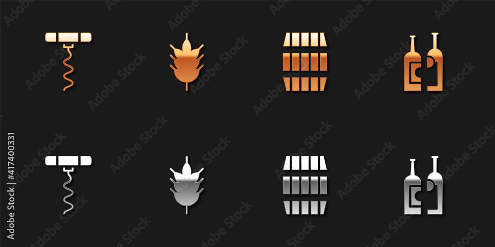 Set Wine corkscrew, Hop, Wooden barrel and Bottles of wine icon. Vector. Set Wine corkscrew, Hop, Wooden barrel and Bottles of wine icon. Vector.