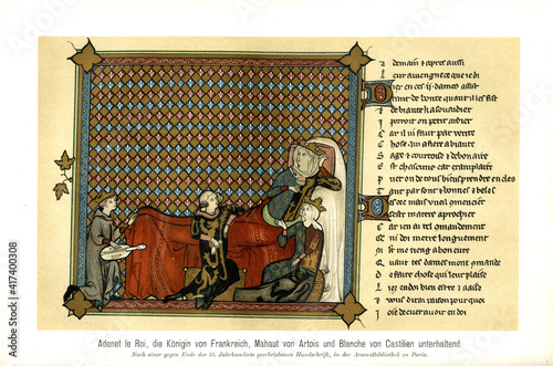 Adenet le Roi – die Königin von Frankreich, Mahaut von Artois und Blanche von Castilien unterhaltend. Handschrift Ende des 13. Jahrhundert photo