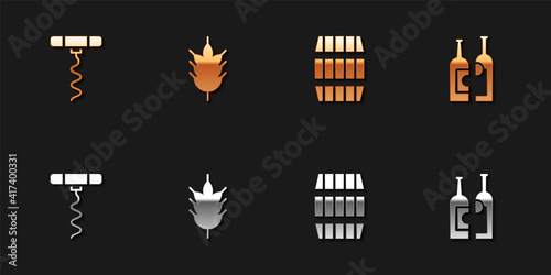 Set Wine corkscrew, Hop, Wooden barrel and Bottles of wine icon. Vector.