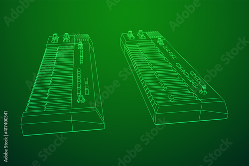 Piano roll analog synthesizer faders buttons knobs. Wireframe low poly mesh vector illustration.