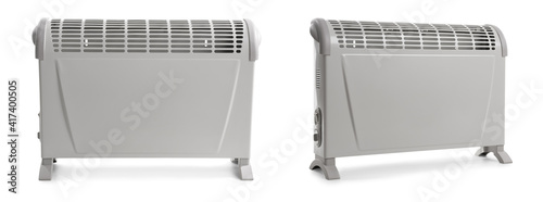 Modern electric convection heaters on white background, collage