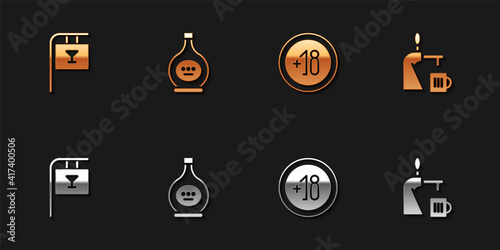 Set Street signboard with Bar, Bottle of cognac or brandy, Alcohol 18 plus and Beer tap glass icon. Vector.