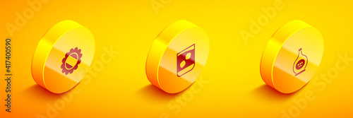 Set Isometric Bottle cap, Glass of whiskey and cognac or brandy icon. Vector.