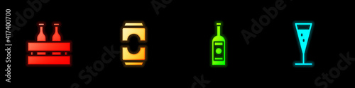 Set Pack of beer bottles, Beer can, Glass vodka and champagne icon. Vector.