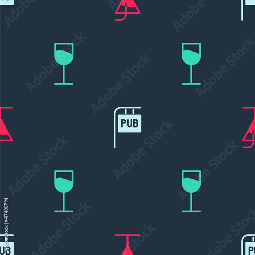 Set Cocktail, Street signboard with Pub and Wine glass on seamless pattern. Vector.