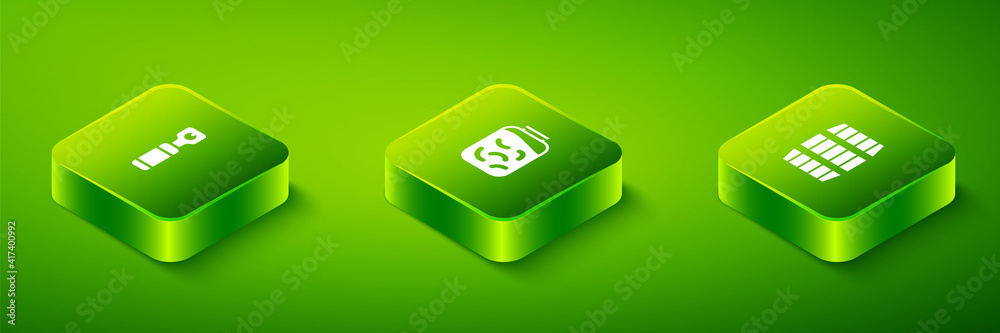 Set Isometric Pickled cucumbers in a jar, Wooden barrel and Bottle opener icon. Vector. Set Isometric Pickled cucumbers in a jar, Wooden barrel and Bottle opener icon. Vector.