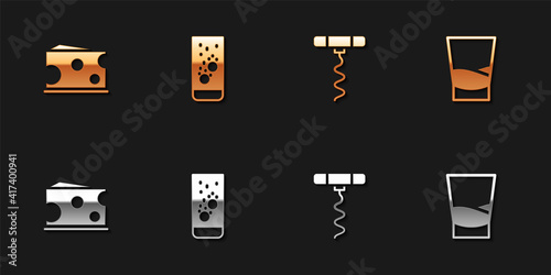 Set Cheese, Effervescent tablets in water, Wine corkscrew and Glass of vodka icon. Vector.