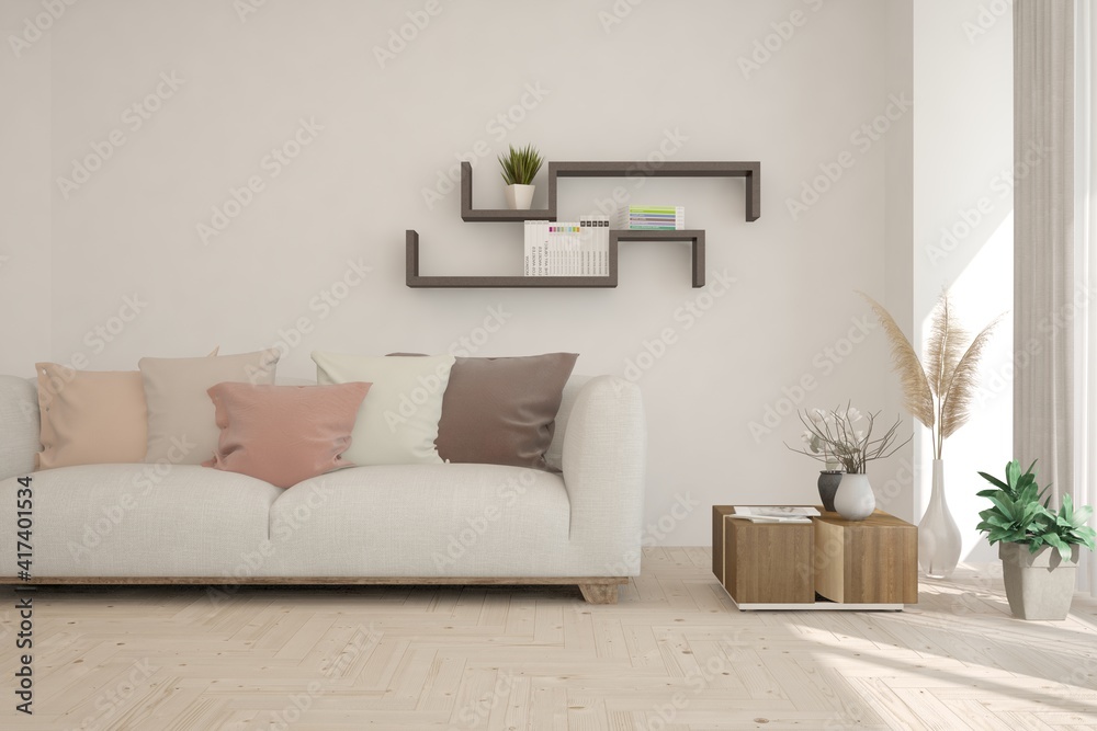 Fototapeta premium White living room with sofa. Scandinavian interior design. 3D illustration